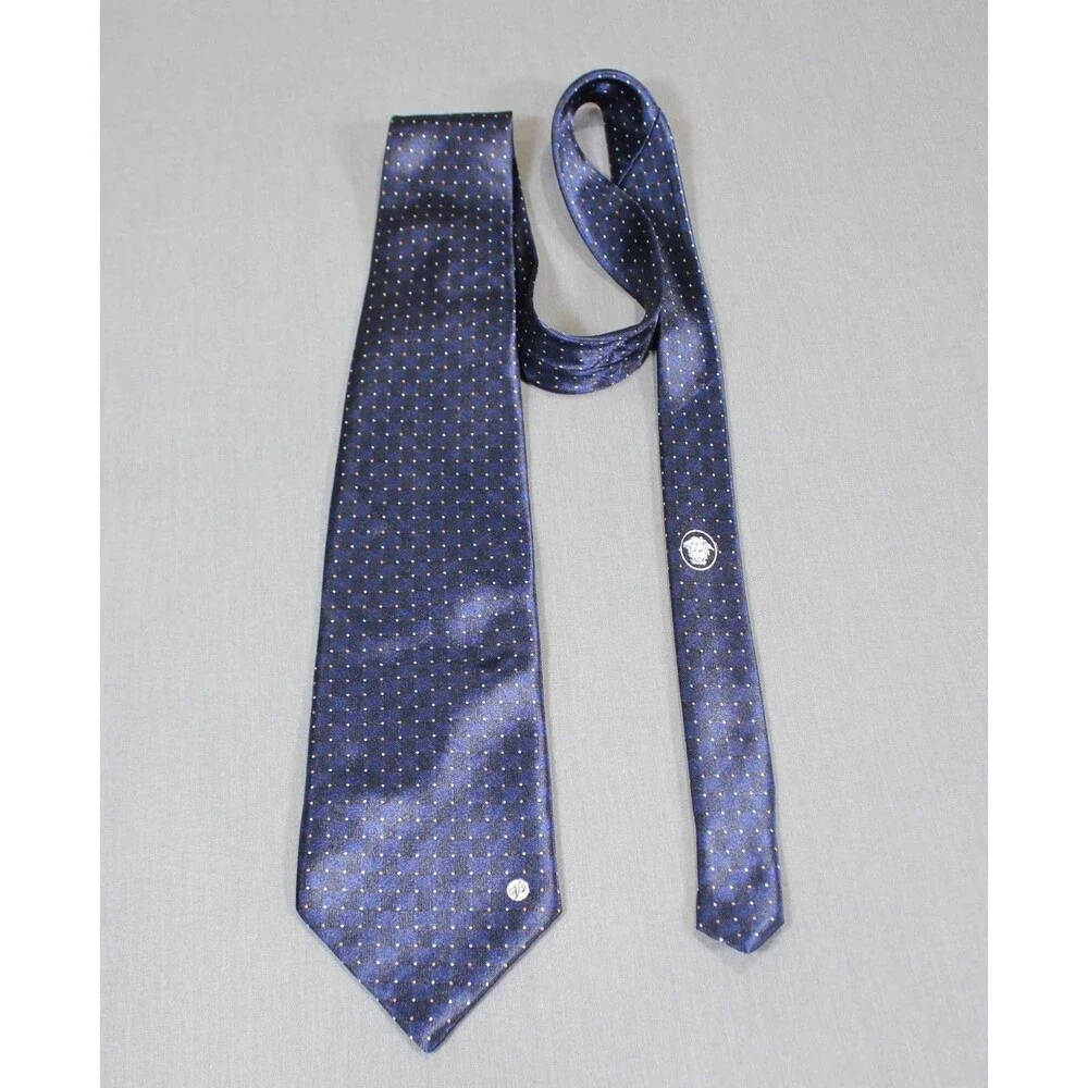 Vintage Versace Necktie Classic V2 Geometric Pattern Handmade Blue Silk Tie